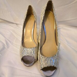 Enzo Angiolini Silver Sparkle Peep Toe Heels | Size 10.5